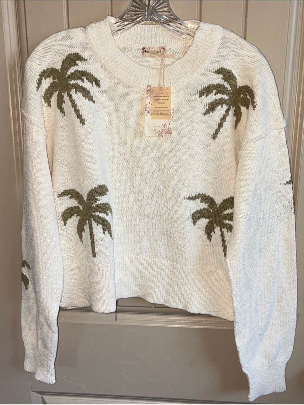Hem & Thread Cream Crewneck Sweater with Olive Palm Print
